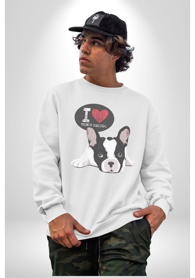Seni Seviyorum Bulldog Unisex Beyaz Baskılı Sweatshirt Beyaz