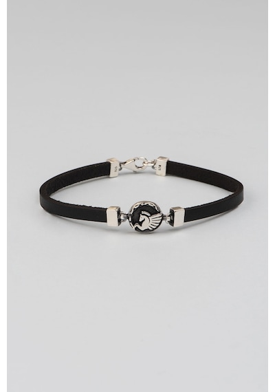So Chic Pegasus Figürlü Siyah Deri Gümüş Erkek Bileklik Gümüş