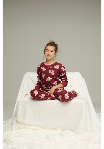 Siyah İnci Pamuklu Bisiklet Yaka Örme Pijama Takım25241141 Bordo