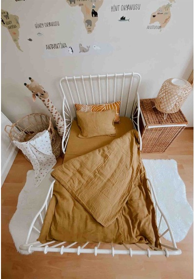 Keseli Müslin Nevresim Takımı 100x135 Cm +/ - 3cm Çarşaf 120x150 Yastık 35x45 Cm Hardal Sarı