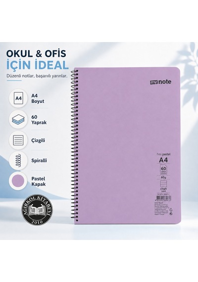 My Note Flex Pastel A4 60 Yaprak 60 Gr Spiralli Çizgili Defter Mor