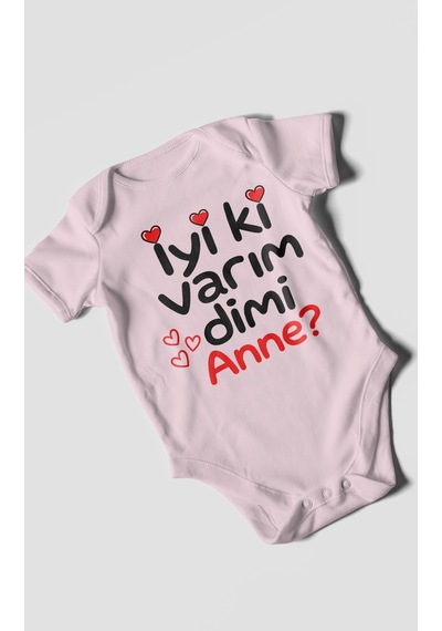 Morivokids İyi Ki Varım Dimi Anne Kısa Kollu Bebek Body %100 Pamuk Bebe Pembe