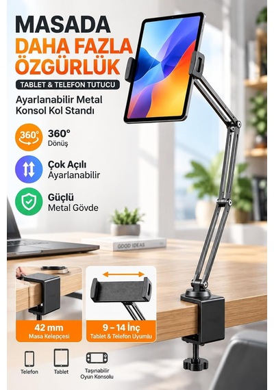 Tr 360 Döner Başlıklı Katlanabilir Ayarlanabilir Masa Kenarı Bağlantılı Metal Kollu Telefon Ve Tablet Tutucu S Genel