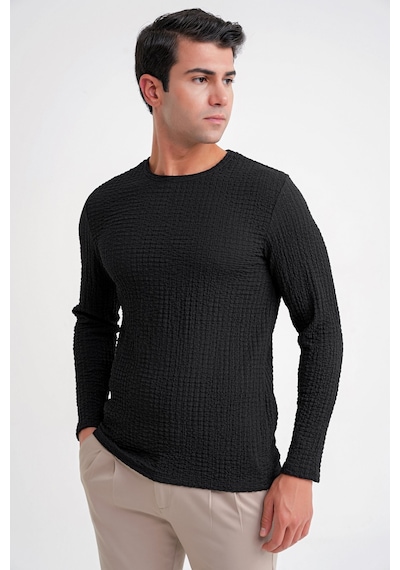 Efor Slim Fit Esnek Pamuklu Dokulu Kumaş Uzun Kollu Siyah Tişört Ts 934