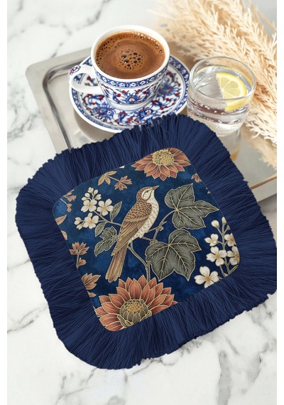 Lüks Kuş Çiçek Motifli Saçaklı Sunum Peçetesi - Vintage Rustik Lacivert Bardak Altlığı Mendil Çok Renkli