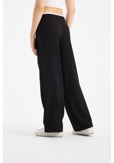 Gugus Kadın Wide Leg Kumaş Bol Paça Pantolon Beli Bağcıklı Beyaz Garni Detaylı Fermuar Kapamalı Siyah Gugus Kadın Wide Leg Kumaş Bol Paça Pantolon Beli Bağcıklı Beyaz Garni Detaylı Fermuar Kapamalı Siyah