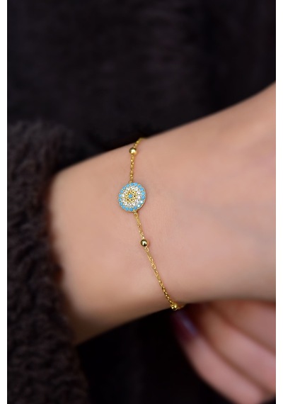 Papatya Silver 925 Ayar Gümüş Gold Kaplama Top Zincirli, Firuze Zirkon Taşlı Minimal Nazar Bileklik