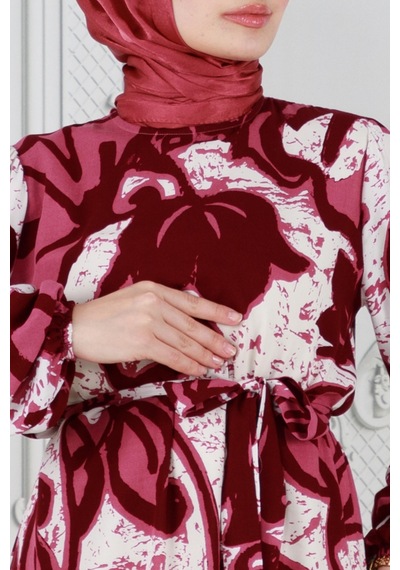 Sevitli Lale Desenli Beli Kuşaklı Viskon Elbise-bordo-3810-bordo Bordo