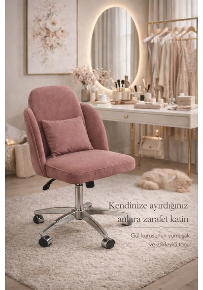 Dekoratif Çalışma Sandalyesi, Gül Kurusu Makyaj Masası, Home Office Ve Butik Kullanım Pembe Dekoratif Çalışma Sandalyesi, Gül Kurusu Makyaj Masası, Home Office Ve Butik Kullanım Pembe