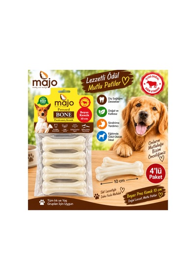 Majo Beyaz Pres Kemik 10 Cm 4 Lü Paket Süt Lezzetli Köpek Çiğneme Ödülü Doğal Sığır Eti