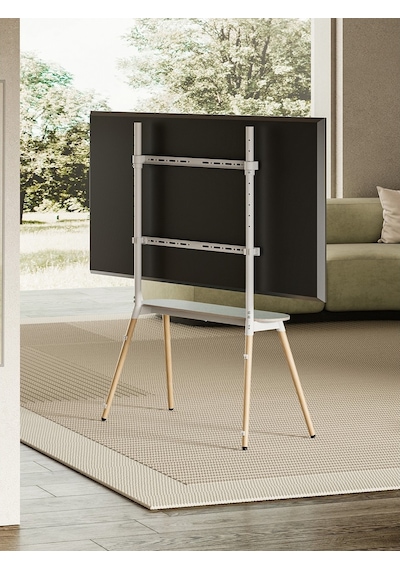Raflı Şövalye Tipi Tv Standı 49-86 Inç Ahşap & Metal 50 Kg Taşıma Kapasiteli Yükseklik Ayarlı Ceviz