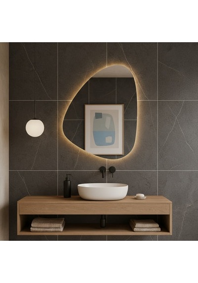 40x55 Cm Modern Asimetrik Led Banyo Aynası Dokunmatik Sensörlü, Dimmerli, 3000k Günışığı Sarı