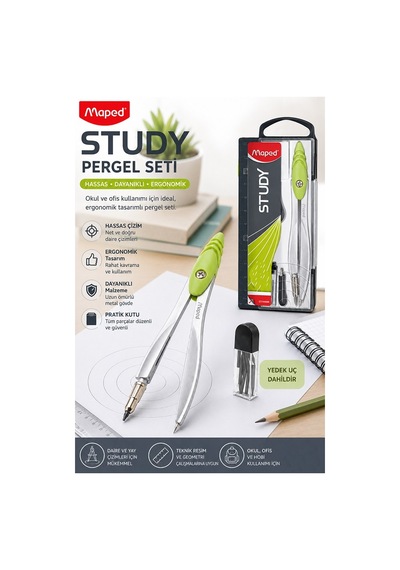 Yeşil Metal Pergel 1 Adet Maped 119450 Pergel Seti Teknik Çizim Matematik Geometri Pergel Yedek Uçlu