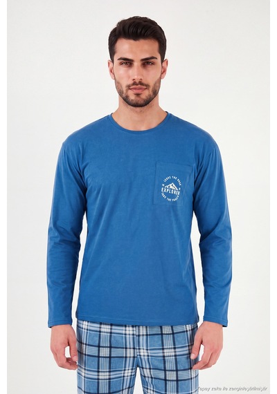 Buratti Ekoseli Pamuklu Bisiklet Yaka Pijama Takımı Erkek Pijama Takımı 6575007 Mavi