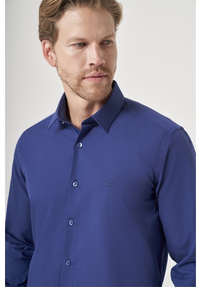 İmza Lacivert Sert Yaka Uzun Kol Cepsiz Slim Fit Pamuklu Gömlek 1004260181