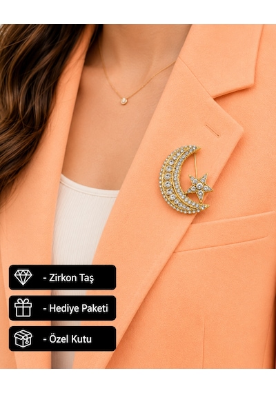 Hediye Ay Yıldız Taşlı Kadın Broş Gold Renk Zirkon Taş İşlemeli Açık Gri