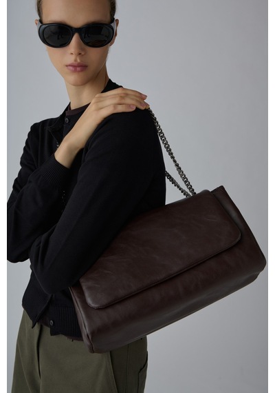 Suud Collection Acı Kahve Milan Zincirli Deri Çanta Koyu Kahverengi