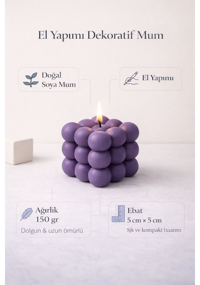 Dekoratif Lüks Soya Mum, El Yapımı Doğal Mum, Uzun Yanma Süreli Şık Ev Hediyesi, Ev Süsü Mor 140 G Mor