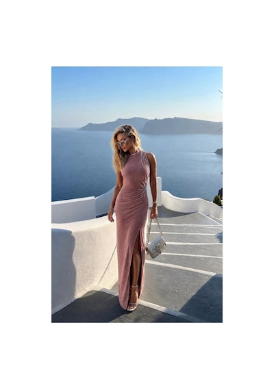 DefyModa Kadın Sade Simli Kumaş Dik Yaka Taş Detaylı Abiye Elbise Pudra