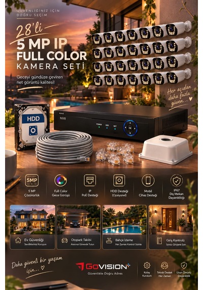 Go Vision 28'li Güvenlik Ip Kamera Seti - 5mp Dış Mekan Kamera, 3.6mm Lens, H.265, Poe, Warm Led Gece Görüşlü