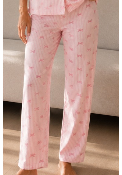 Kadın Loose Uzun Paça Pamuk Pembe Pijama Takımı
