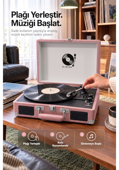 Kensa Bluetooth Lu Nostaljik Çantalı Pikap 33/45/78 Devir Dahili Bataryalı Plak Çalar Pembe