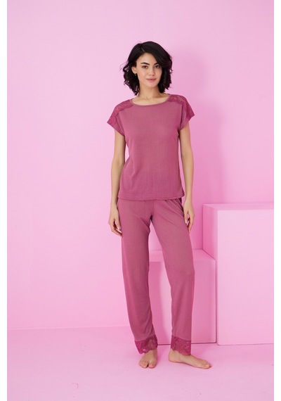 Siyah İnci Soft Touch İnce Mevsimlik Dantel Detaylı Örme Pijama Takım7864 Vişne