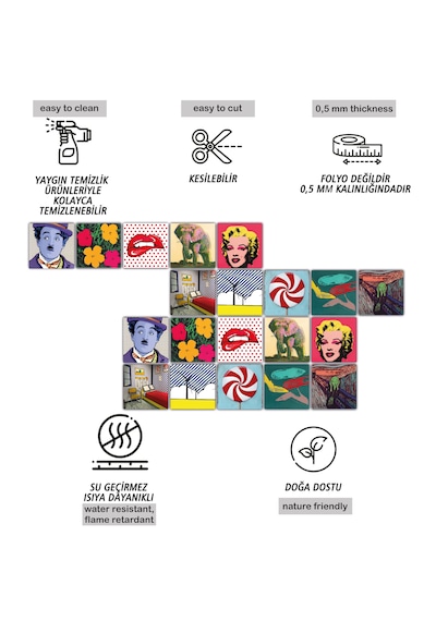 Kendinden Yapışkanlı Popart 3 Desenli Pvc Karo 20x20 Cm 5 Li Paket