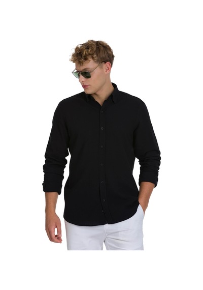 Hatemoğlu Siyah Comfort Fit Çizgili Düğmeli Yaka 100% Pamuk Uzun Kollu Casual Gömlek
