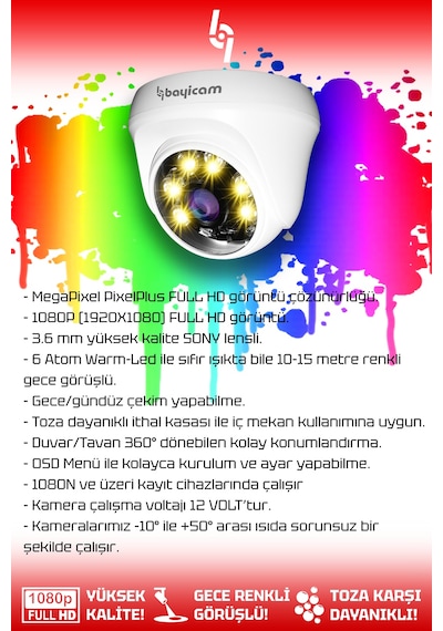Bayicam 4 Kameralı Dome 4 İç Kamera Set 250 GB HDD Full HD Renkli Gece Görüşlü Güvenlik Kamerası Sistemi