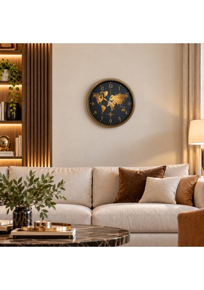 Eskitme Atlas Dünya Haritalı 40 X 40 Cm Siyah Metal Duvar Saati