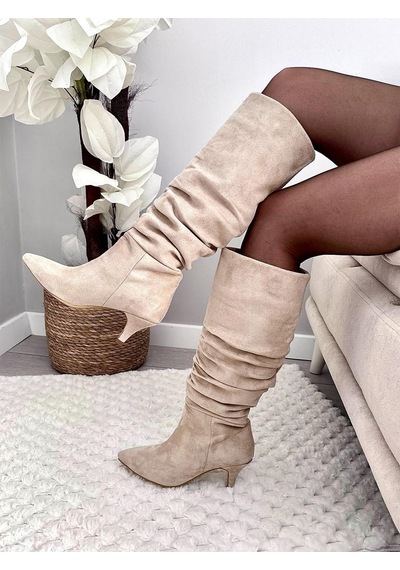 Asmi Shoes Kadın Oslo Topuklu Körüklü Şık Tarz Günlük Rahat Çizme Bej Süet Bej