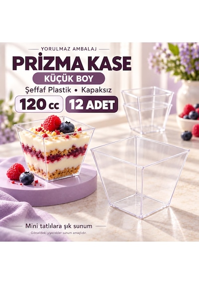 Prizma Kase 120 Cc 12 Li Kapaksız Şeffaf Plastik Kare Tatlı, Magnolya Ve Puding Sunum Kabı