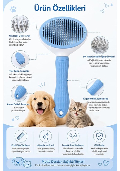 Otomatik Temizlenen Tüy Toplama Tarağı Basmalı Mekanizmalı Kedi Köpek Tarağı Çelik İğneli Cilt Dostu Ergonomik Saplı Uzun Ve Kısa Tüyler İçin Mavi