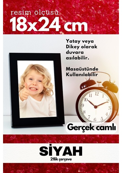 Gerçek Camlı 21lik Düz 18 X 24 Siyah Fotoğraf Resim Çerçevesi Ayaklı Arkalık Veya Duvara Asma
