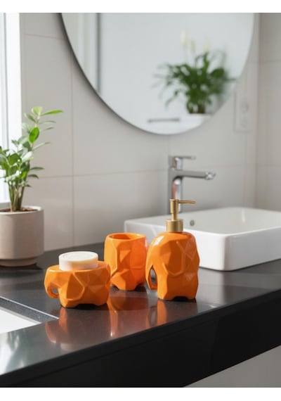 Fil Figürlü Seramik 3 Lü Banyo Seti Modern Dekoratif Banyo Aksesuar Seti Turuncu