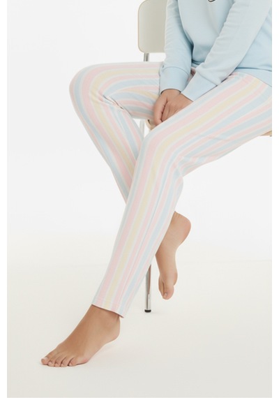 Luxury Thermal Gökkuşağı Kedi Desenli Kadın Polar Kışlık Pijama Takımı 42052 Çok Renkli