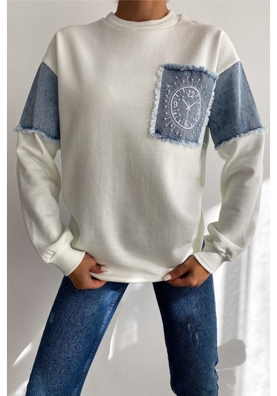 Femelle Kadın Ekru Kot Detaylı Taş İşlemeli Pamuklu Sweatshirt