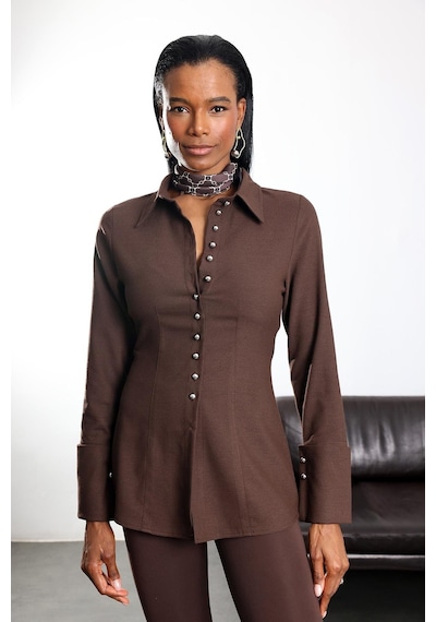 5in1Canpolat Kahverengi Metal Düğmeli Slim Fit Gömlek 1289 Kahverengi