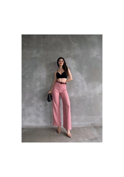 Nido Moda Beli Kemerli Keten Pantolon Pembe