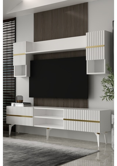 180dhdtür5ba Tedy Lazer Pleksi Desenli Raflı Tv Ünitesi Takımı Beyaz-altın