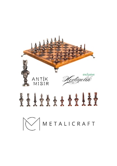 Mc32 Antik Mısır Figürlü Büyük Boy Metal Satranç Takımı - Lüks Hediyelik Satranç Takımı - 30x30cm