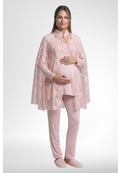 Mecit Pijama Mecit 6402 Kadın Pudra Dantel Pelerin Hamile Lohusa Pijama Takımı