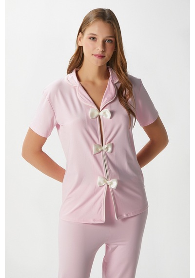 Ritnice Kadın Julia Pembe Fiyonklu Alt Üst Pijama Takımı Pembe