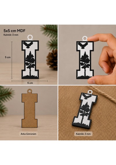 I Harf Yılbaşı Süsü Mdf Çam Ağacı Desenli Asılabilir Dekor 5x5 Cm