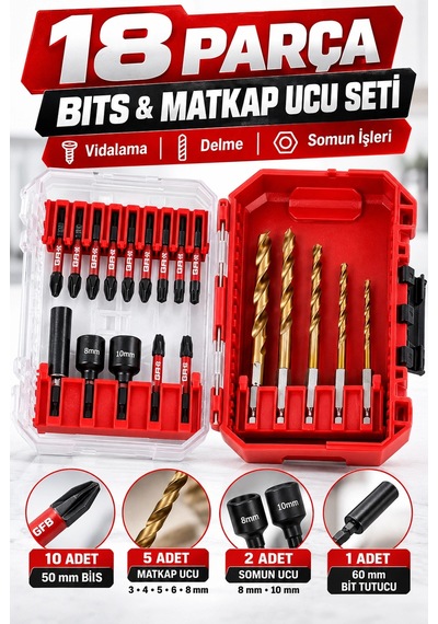 Gfb X-pro 18 Parça Bits & Matkap Ucu Seti 50 Mm Vidalama Uçları, 3-8 Mm Matkap Uçları, Somun Uçlar