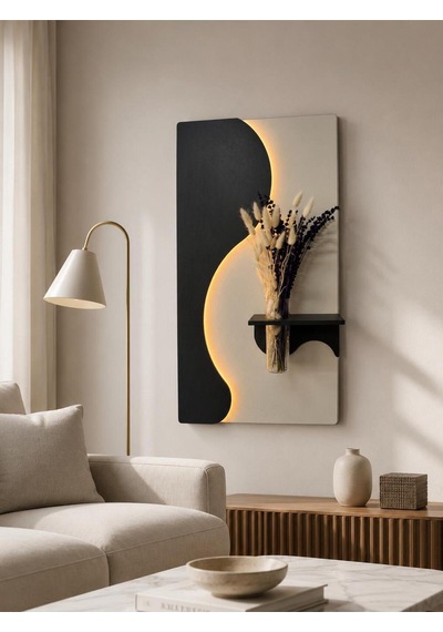 Manolya Ahşap Pilli Ledli İskandinav Tarzı Salon Duvar Rafı Modern Çiçeklik 40 X 70 Cm Çok Renkli