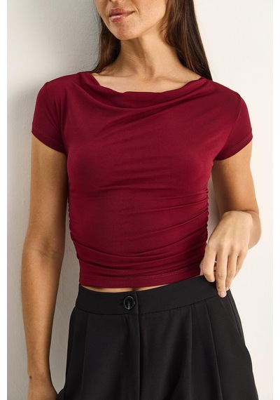 Shade Kadın Degaje Yaka Drapeli Crop Bluz 2343 60286200 - Bordo