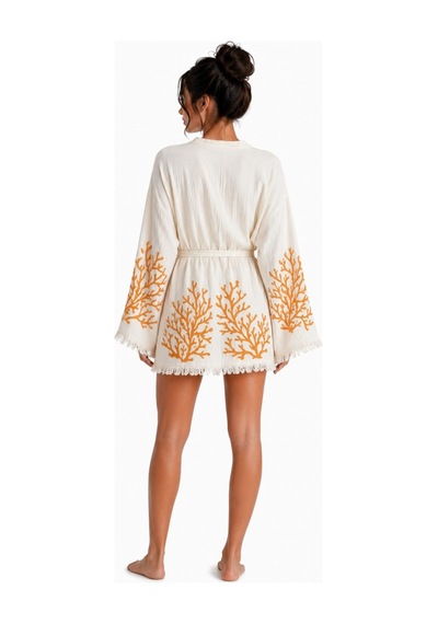Mulberry Sedna Kadın Ekru Müslin Kimono Bornoz Kuşaklı, Püskül Detaylı, Oversize Rahat Kesim Plaj & Ev Giyim Turuncu Mulberry Sedna Kadın Ekru Müslin Kimono Bornoz Kuşaklı, Püskül Detaylı, Oversize Rahat Kesim Plaj & Ev Giyim Turuncu