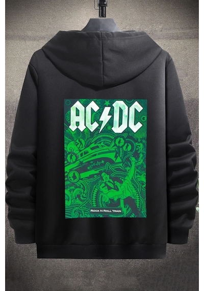 Uyguntarz Unisex Ac Dc Baskılı Kapüşonlu Sweatshirt siyah